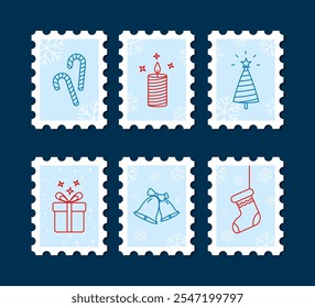 Weihnachtsmarken-Set. Festliche Linienelemente. Briefmarken im Winter.