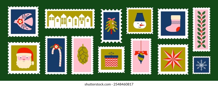 Christmas stamps and stickers. Holiday vibes. Geometric Christmas festive elements. New year icons. Retro vintage background, mark, badge, label. Vector.