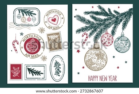 Christmas Stamps, tree, toy, set, Hand drawn illustration	