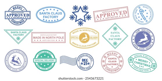 Christmas stamps vector pattern on white background. Set of Christmas postmarks. Mail Santa Claus. Letter to Santa Claus. Set for the decoration of Christmas cards and gifts