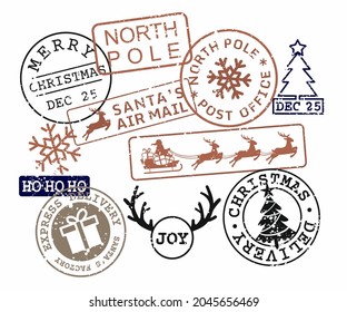 Christmas Stamps vector Set. Santa Claus North Pole Design.