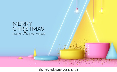 Christmas stand podium, round stage studio. Realistic 3d design. Geometric shape Cylinder platforms for product. Happy New Year background pastel soft colors blue, pink and yellow. Vector illustration