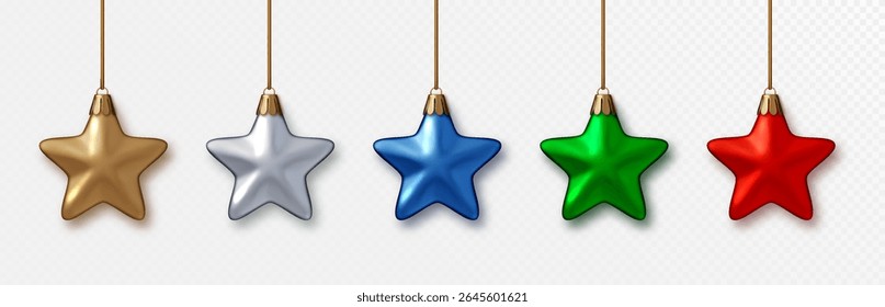 Christmas star baubles isolated. Metallic toy for Xmas tree decoration. Realistic vector illustration for New Year