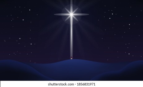 Christmas star. Star of Bethlehem vector illustration.
Christian Christmas night with shining star and cradle of Jesus. Night in the desert.