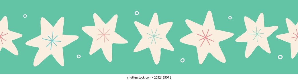 Christmas star border. Vector seamless repeat seasonal banner of hand drawn stars in green. Cute holiday element illustration. 