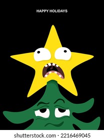 Christmas star with bulging eyes screams loudly at the top of the Christmas tree