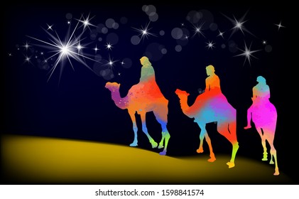 Christmas star camels with the Magi. Mixed media. Vector