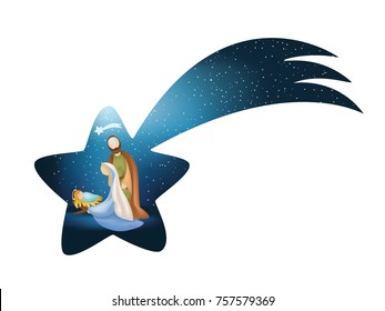 Christmas star -  comet nativity scene with holy family on blue background