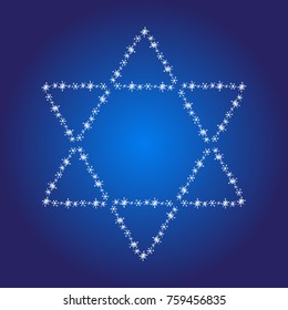 Christmas Star of David decorated with hand drawn showflake silhouettes. Symbol of Israel. Winter holiday vector design element for greeting cards, banners, printing, stamps, scrapbooking.