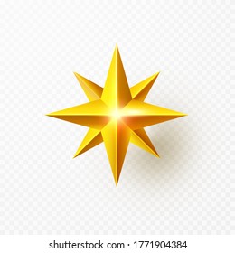 Christmas star decoration isolated on transparent background. Vector gold 3D icon. Shiny golden metal badge or medal template