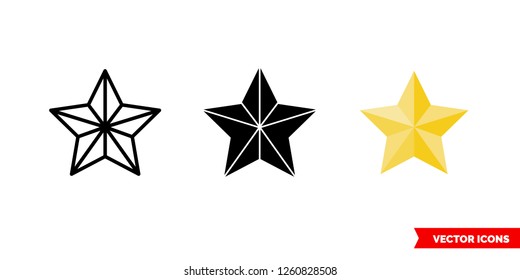 Icono de estrella navideña de 3 tipos: color, blanco y negro, contorno. Símbolo vectorial aislado.
