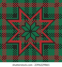 Christmas star jacquard knitted seamless pattern. Snowflake and tartan green and red. Colorful vector illustration