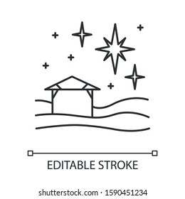 Christmas star linear icon. Christian holy night. Christmas eve. Starry sky and small house. Star of Bethlehem. Thin line illustration. Contour symbol. Vector isolated outline drawing. Editable stroke