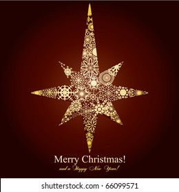 Christmas star made from snowflakes on brown background, vector illustration