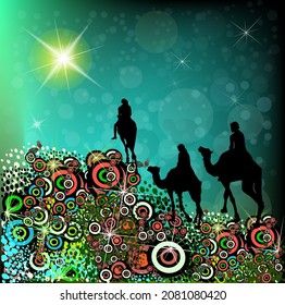 Christmas star. Magi on camels. Vector illustration