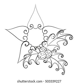 Christmas star with mistletoe. Abstract vector isolated illustration. Hand-drawn floral zentangle cartoon decorative outline. Adult coloring book. Eps 8.