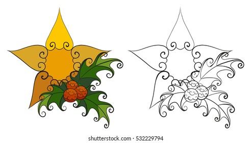 Christmas star with mistletoe set. Abstract vector isolated illustration. Hand-drawn collection. Black and multicolored objects. Adult coloring book. Eps 8.