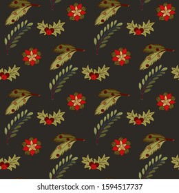 Christmas star, mistletoe, tree, green twig. Vector seamless pattern on a dark background.
