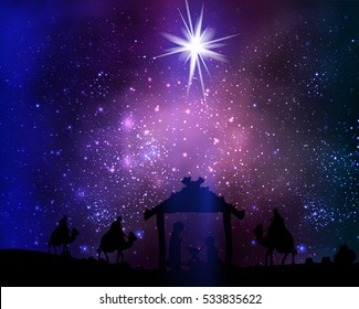 Christmas star on the hut of Jesus Christ on space background