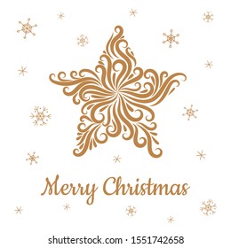 Christmas Star from ornament elements. Line drawing. Silhouette. Gold color isolated object on a white background. Snowflakes. Inscription Merry Christmas. Greeting card, poster, banner. Holiday.