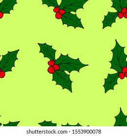 Christmas star poinsetia flower with red berries. Vector illustration of a seamless background. Yellow color