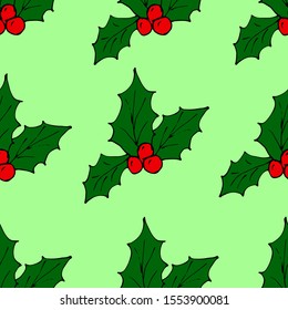 Christmas star poinsetia flower with red berries. Vector illustration of a seamless background. Soft green color.