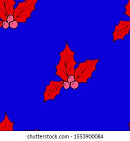 Christmas star poinsetia flower with red berries. Vector illustration of a seamless background. Blue color