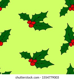 Christmas star poinsetia flower with red berries. Vector illustration of a seamless background. Yellow color