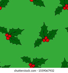 Christmas star poinsetia flower with red berries. Vector illustration of a seamless background. Soft green color