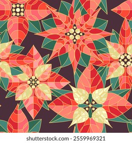 Christmas Star Poinsettia Delight: Seamless Vector Pattern. Hand-Drawn Vector Illustration, Not AI