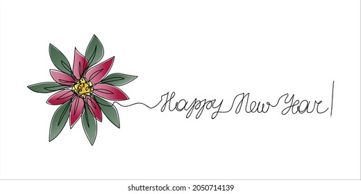 Christmas star or poinsettia flower and Happy New Year text background drawn in one line. Continuous line drawing. Sketch congratulations. Greeting banner. Vector illustration.