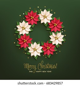Christmas star. Poster with paper poinsettia white and red flowers wreath with an inscription on green with confetti. Vector illustration.