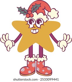 Christmas star retro groovy mascot character in santa hat