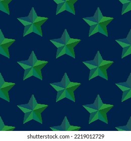 Christmas star seamless pattern in pixel art style. 8 bit christmas stars. Colorful christmas tree toys in retro style. Retro design for fabric, wallpaper, wrapping paper, packing. Vector illustration