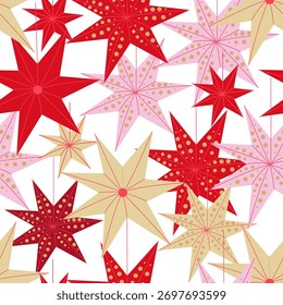Christmas star seamless pattern with red and beige festive decorations on white background, flat vector illustration