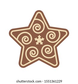 Christmas star shape gingerbread with sugar icing icon. Traditional Xmas chocolate spicy cookie, decorated crisp ginger biscuit for winter holiday.