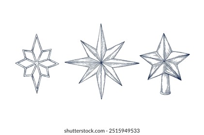 Christmas star shape hand drawn Isolated vector illustration set. Christmas tree toy star for holiday poster, party sketch for New Year cards, greeting, holiday, invitation. Engraving style collection