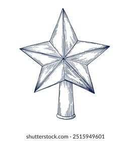 Weihnachtsstern Form handgezeichnet Isolierte Vektorgrafik. Weihnachtsbaum-Spielzeugstar für Feiertagsplakat, Partyskizze für Neujahrskarten, Gruß, Feiertag, Einladung. Gravierstil.