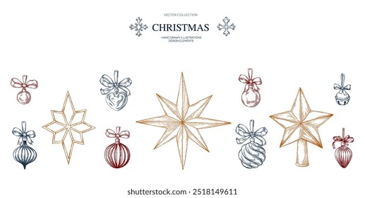 Christmas star shape, snowflake, jingle bell hand drawn Isolated vector illustration set. Christmas tree toy for holiday poster, party, New Year cards, greeting, invitation. Engraving style collection