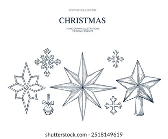 Christmas star shape, snowflake, jingle bell hand drawn Isolated vector illustration set. Christmas tree toy for holiday poster, party, New Year cards, greeting, invitation. Engraving style collection