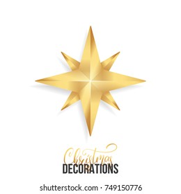 Christmas star. Shiny gold realistic star. Christmas decoration of gold metallic color.