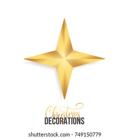 Christmas star. Shiny gold realistic star. Christmas decoration of gold metallic color.