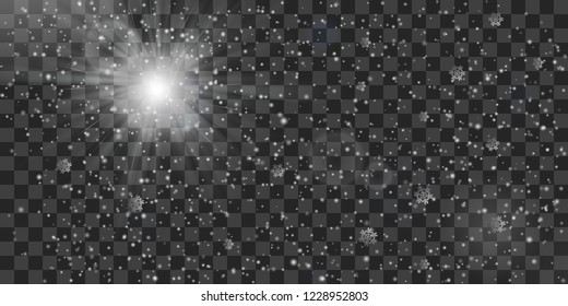 

Christmas star and snow  falling on transparent background. Winter sky backdrop illustration.