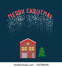 Christmas star snow globe flat with brick house with a Christmas tree vector illustration with the words merry Christmas