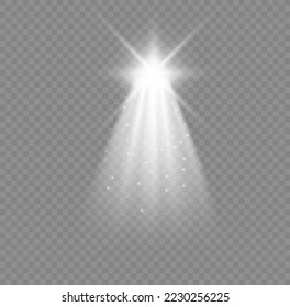 Estrella navideña con foco. Color blanco efecto claro. Efecto luminoso aislado de luz brillante blanca. Diseño de efecto especial de destellos de chispa. Elemento vector Ray.