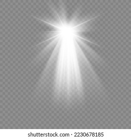 Christmas star with spotlight. Light effect white color. Glowing isolated white sparkling light effect. Spark spotlight special effect design. Ray vector element.