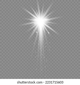 Christmas star with spotlight. Light effect white color. Glowing isolated white sparkling light effect. Spark spotlight special effect design. Ray vector element.