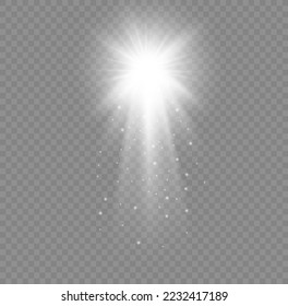 Christmas star with spotlight. Light effect white color. Glowing isolated white sparkling light effect. Spark spotlight special effect design. Ray vector element.