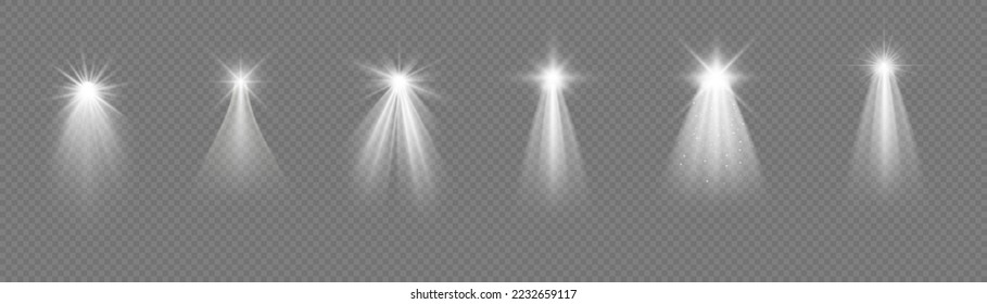 Christmas star with spotlight. Light effect white color. Glowing isolated white sparkling light effect. Spark spotlight special effect design. Ray vector element.