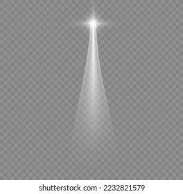 Christmas star with spotlight. Light effect white color. Glowing isolated white sparkling light effect. Spark spotlight special effect design. Ray vector element.